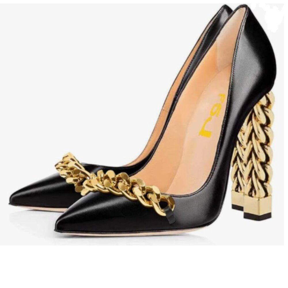 FSJ Black-oil Chain Gold Metal Chain Chunky High Heel Pointed Toe Slip On Pumps